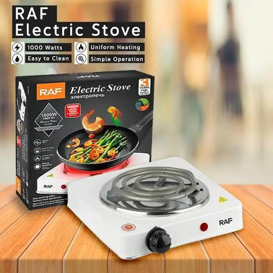 Black RAF R.8010B Electric Stove Hot Plate and Cooker with 1000W Power, Thermostat, and Uniform Heating