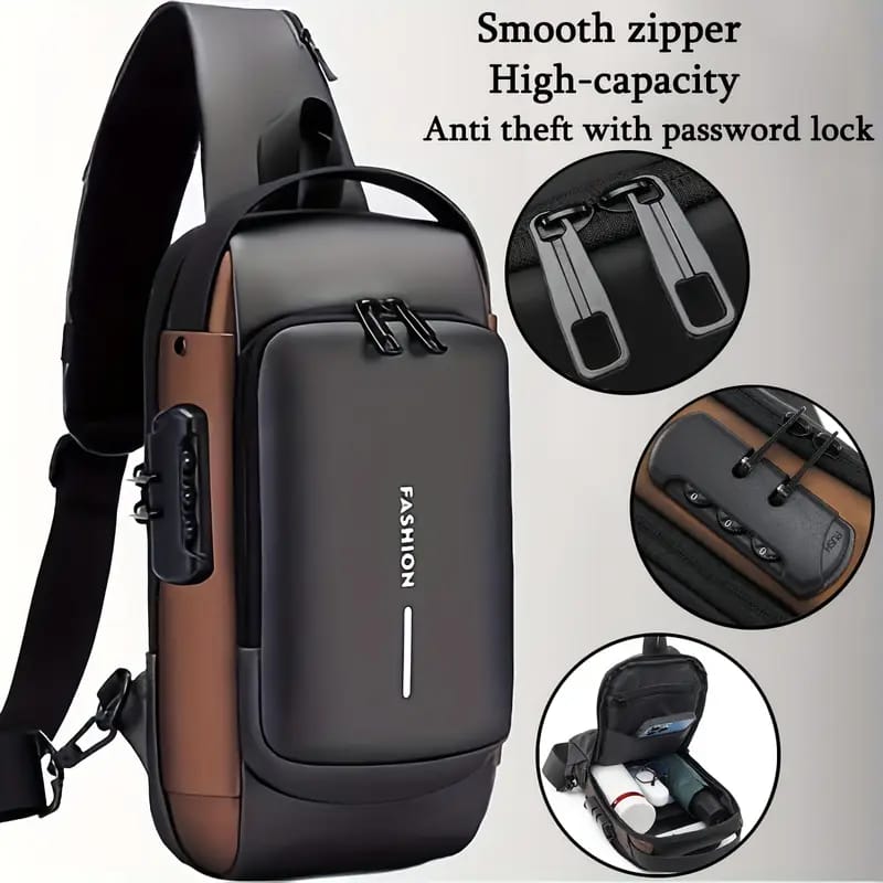 Fashion Men Sling Bag Pack with Lock Waterproof Anti-Theft Chest Bag