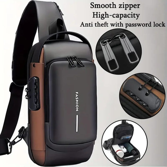 Fashion Men Sling Bag Pack with Lock Waterproof Anti-Theft Chest Bag