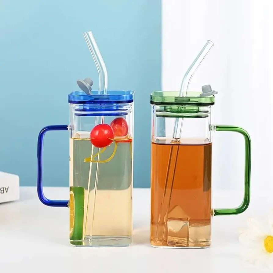 Premium 400ml Transparent Glass Mug with Lid & Straw – Breakfast Milk Cup, Coffee & Juice Drinkware
