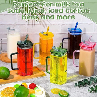 Premium 400ml Transparent Glass Mug with Lid & Straw – Breakfast Milk Cup, Coffee & Juice Drinkware