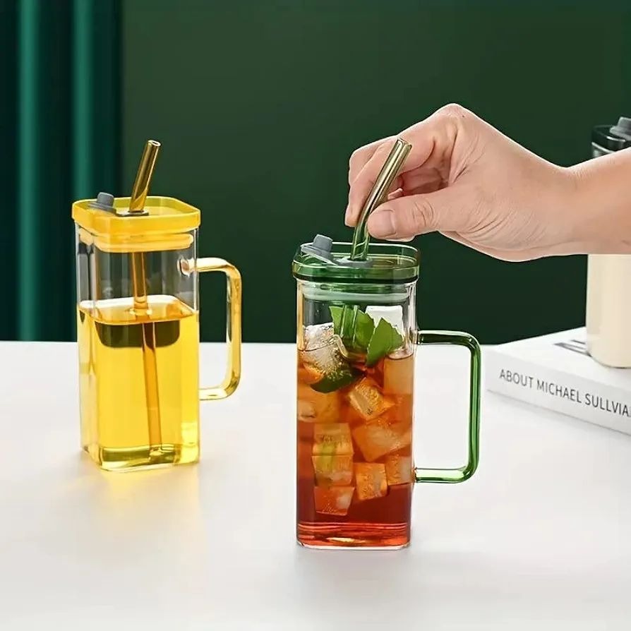 Premium 400ml Transparent Glass Mug with Lid & Straw – Breakfast Milk Cup, Coffee & Juice Drinkware