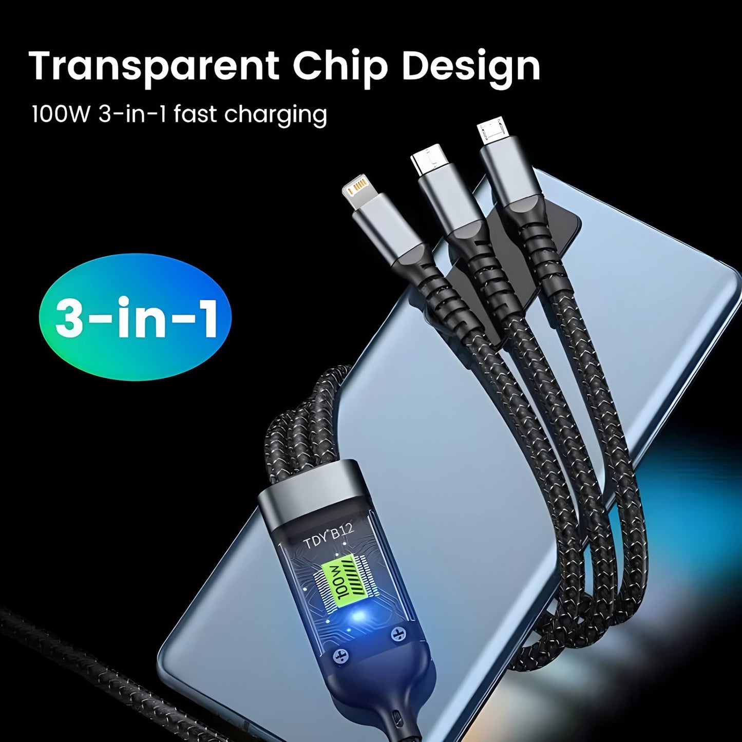 100W 5A Fast Charging 3-in-1 USB Cable – Multi Charging Cable