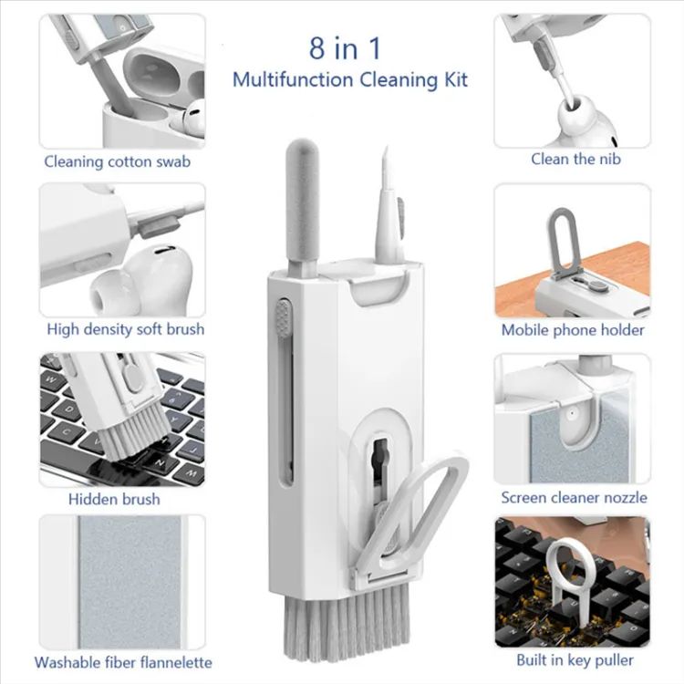 8In1 Computer Keyboard Cleaner Brush Kit Earphone Cleaning Pen for Headset Phone Cleaning Tools Black