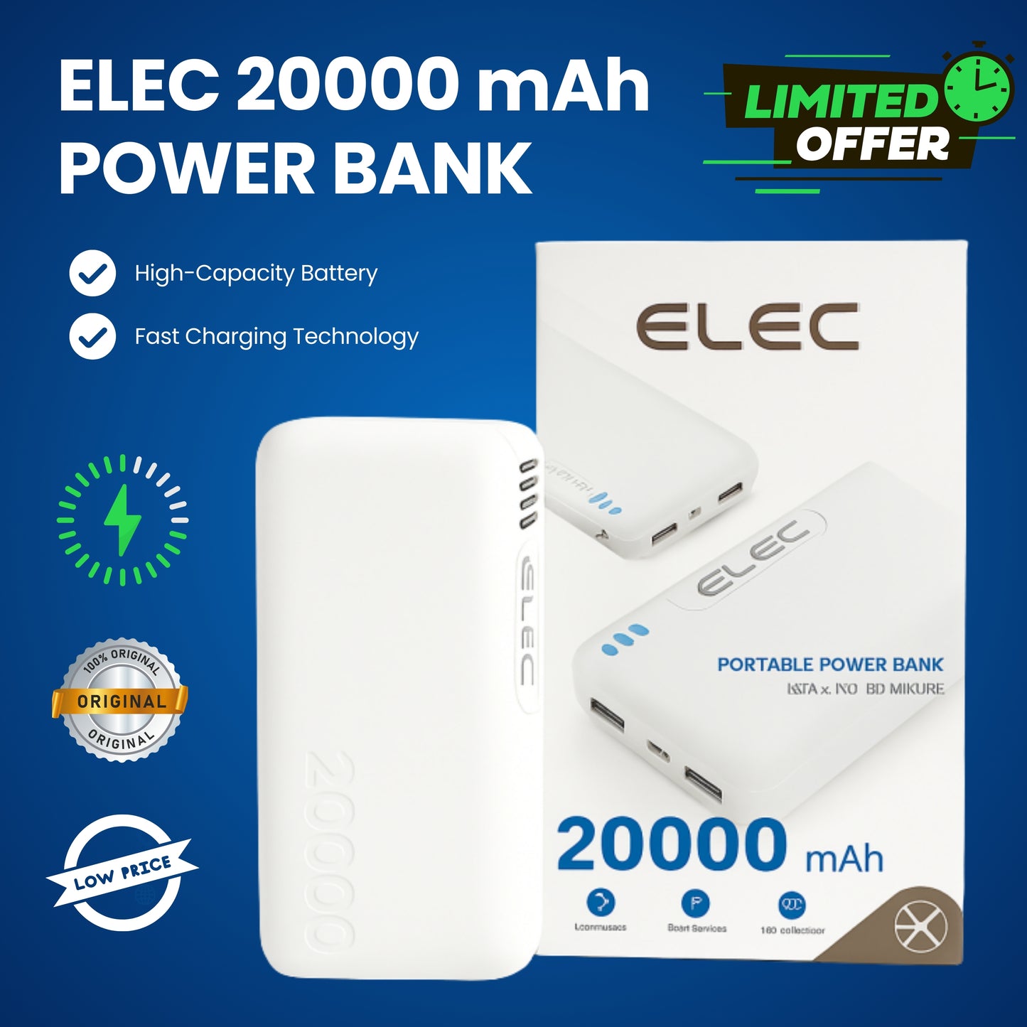 ELEC 20000mAh Power Bank – PD Fast Charging & High-Capacity Portable Charger