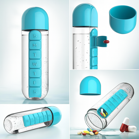 2-in-1 Medicine Organizer with Water Bottle – 7 Days Pill Box