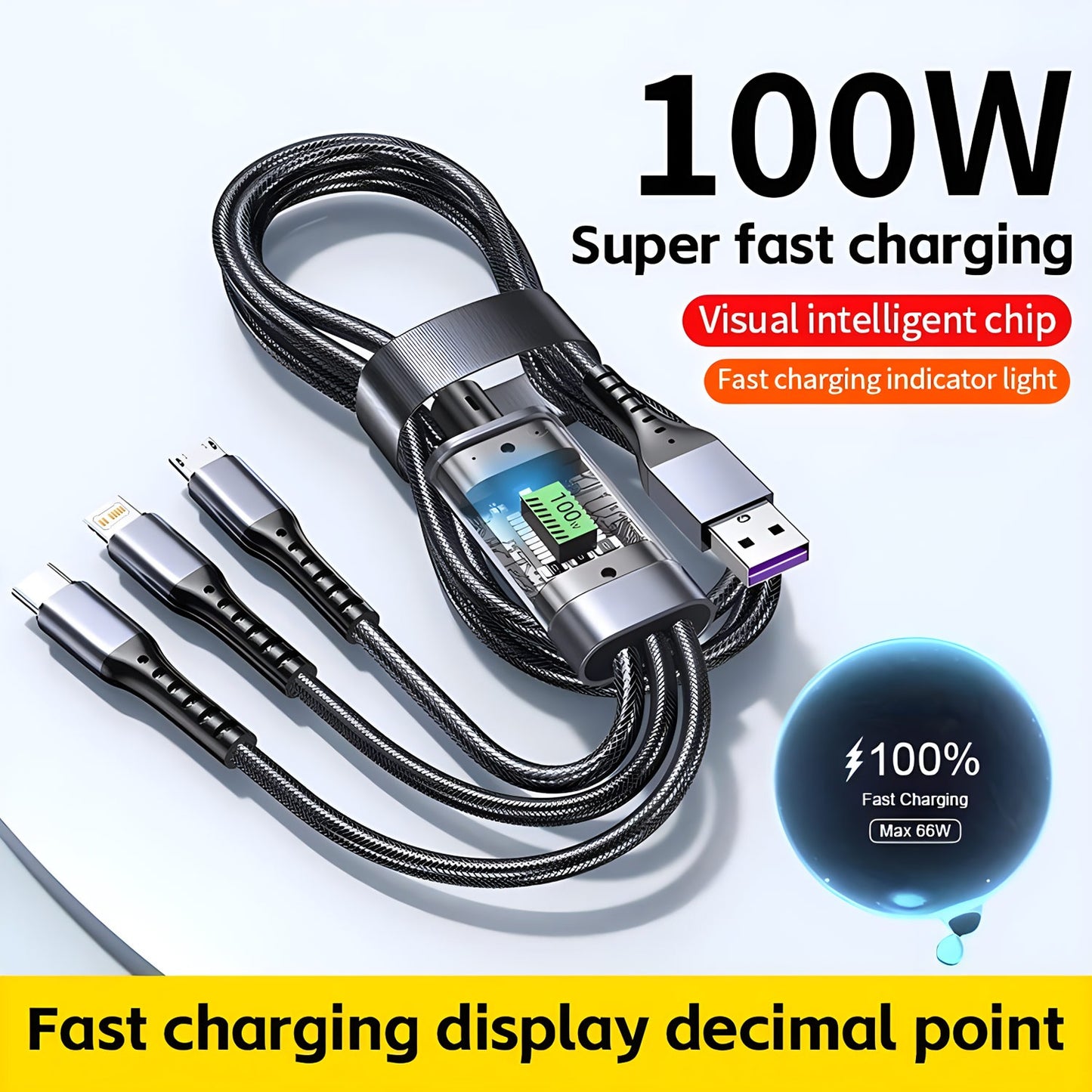 100W 5A Fast Charging 3-in-1 USB Cable – Multi Charging Cable