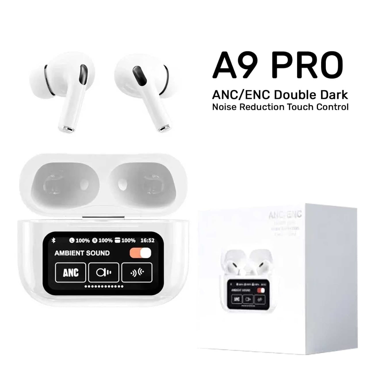 A9 Pro Touch Screen AirPods Pro with Active Noise Cancellation (ANC) & LCD Display | Bluetooth 5.0 Wireless Earbuds