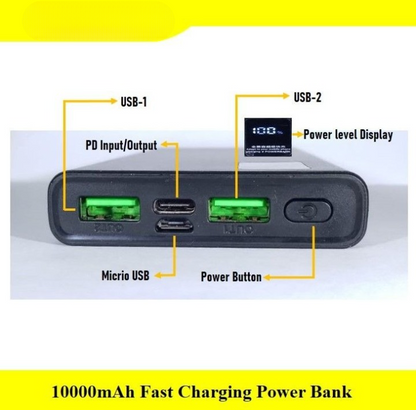 10000mAh Power Bank – PD Fast Charging with Digital Display & Full Capacity Backup