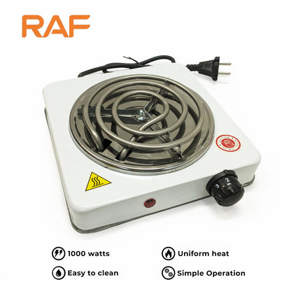 Black RAF R.8010B Electric Stove Hot Plate and Cooker with 1000W Power, Thermostat, and Uniform Heating