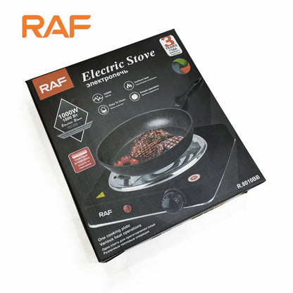 Black RAF R.8010B Electric Stove Hot Plate and Cooker with 1000W Power, Thermostat, and Uniform Heating