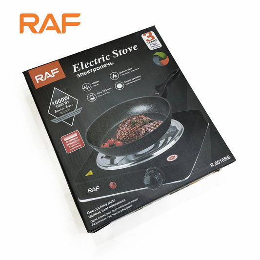 Black RAF R.8010B Electric Stove Hot Plate and Cooker with 1000W Power, Thermostat, and Uniform Heating