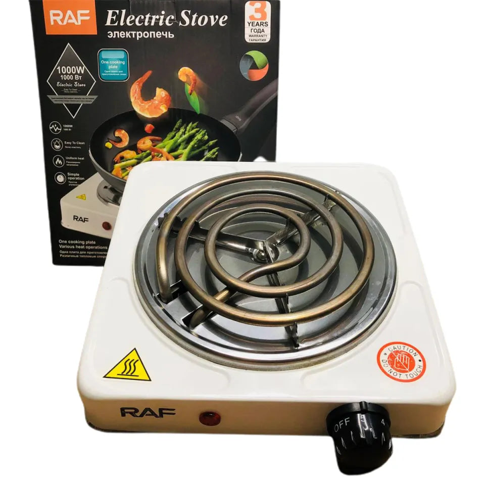 Black RAF R.8010B Electric Stove Hot Plate and Cooker with 1000W Power, Thermostat, and Uniform Heating